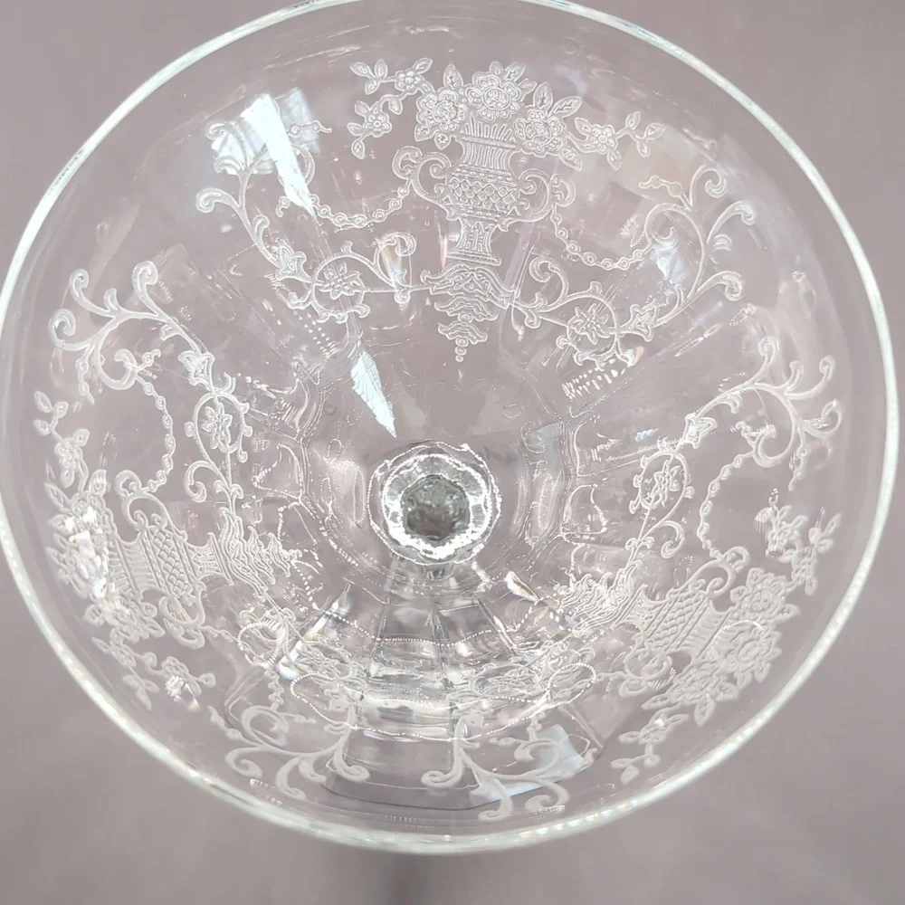 Six 6 Vintage Fostoria Florentine Etched Crystal Champagne Coupe Glasses 5.5